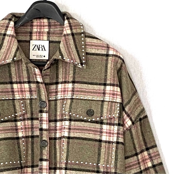 Zara Plaid Flannel Oversized Shacket with Fringe Hem and Studded Detailing - Picture 5 of 13